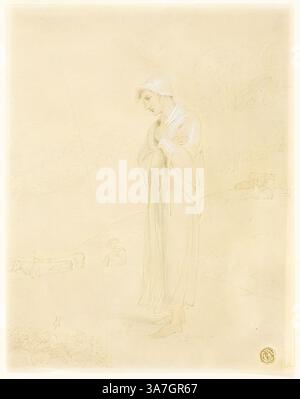 Una figura serena si staglia con cura in un abito che scorre, circondato da un paesaggio delicatamente reso. La posa contemplativa e le linee delicate creano un'atmosfera di introspezione e tranquillità. Arte classica con un tocco moderno reinventata da Artotop, Shepherdess, 1810/20, Richard Westall, inglese, 1765-1836, Inghilterra, grafite accresciuta di acquerello e tocchi di gouache bianco su carta tessuta grigia Foto Stock