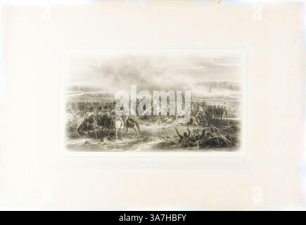 Una scena drammatica sul campo di battaglia raffigurante soldati impegnati in combattimento, con fumo che sale sullo sfondo e movimenti caotici tra truppe e cavalli. L'atmosfera trasmette l'intensità e il tumulto della guerra., arte classica con un tocco moderno reinventata da Artotop, Lutzen, 2 maggio 1813, 1831, Denis Auguste Marie Raffet (francese, 1804-1860), stampato da Chez Gihaut Frères (francese, XIX secolo), Francia, litografia in nero su grigio, su carta tessuta avorio Foto Stock