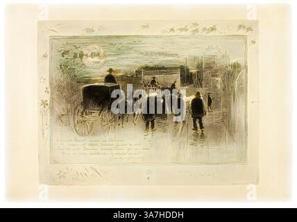 Una vivace scena cattura figure che si muovono lungo una strada acciottolata, con carrozze trainate da cavalli ed edifici che fiancheggiano lo sfondo. L'atmosfera trasmette un senso di energia e di vita in un ambiente urbano storico, arricchito da tratti delicati che suggeriscono movimento e profondità., arte classica con un tocco moderno reinventata da Artotop, Processione funebre sul Boulevard Clichy, 1887, Félix Hilaire Buhot, francese, 1847-1898, Francia, acconciatura e acquatinta con macchie a secco e tonalità piatto, à la poupée inchiostrata in blu e nero, con aggiunte a mano di vernice metallizzata oro, su carta a tessitura marrone Foto Stock