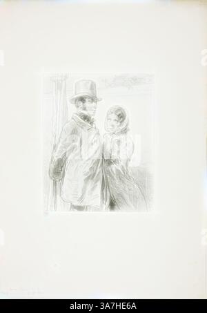 Una coppia sta in piedi insieme, con l'uomo vestito con un cappello alto e un cappotto, mentre la donna lo guarda delicatamente, drappeggiato in uno scialle. Lo sfondo suggerisce un ambiente all'aperto sereno, accennando in un momento condiviso tra loro in una scena tranquilla., arte classica con un tocco moderno reinventata da Artotop, Maschere e volti: Achille You Don't Ask, 1857–58, Paul Gavarni, francese, 1804-1866, Francia, litografia in nero su carta avorio Foto Stock