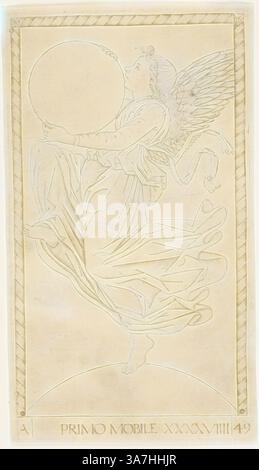 Una figura angelica regge con grazia un grande oggetto circolare, adornato da abiti fluenti che enfatizzano il movimento. Le delicate ali si estendono dal retro, aggiungendo una qualità eterea, mentre i dettagli intricati migliorano la composizione complessiva. La scena trasmette un senso di armonia e bellezza celeste, invitando la contemplazione del divino., arte classica con un tocco moderno reinventata da Artotop, l'Angelo della Nona sfera, o Primum Mobile, piatto 49 da pianeti e sfere, c. 1465, Maestro dei Tarocchi e-Series, italiano attivo c. 1465, Italia, incisione in nero su carta tostata Foto Stock