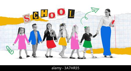 Collage di arte concettuale. Bambini e insegnanti che si tengono per mano sotto le lettere SCOLASTICHE, camminano in linea con gioia e unità. Concetto di giornata della conoscenza. Foto Stock