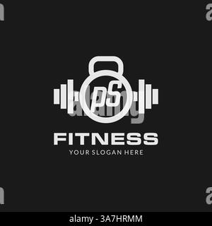 Logo PS fitness iniziale con grafica vettoriale in stile icona kettlebell Illustrazione Vettoriale