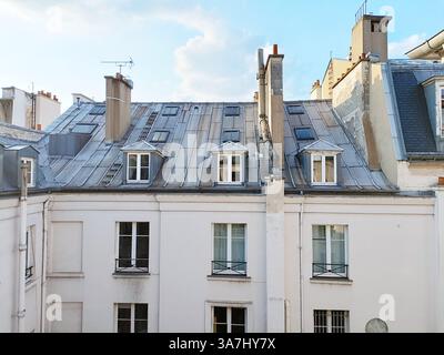 Tipici tetti di Parigi con tetti in zinco e camini nel centro di Parigi in Francia Foto Stock