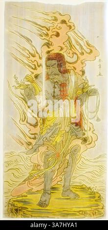 Una figura potente è pronta e risoluta, maneggiando una spada in una mano e tenendo una corda nell'altra. Drappeggiata in abiti fluenti adornati con motivi intricati, la figura trasuda un senso di forza e autorità, circondata da fiamme eteree che esaltano l'atmosfera drammatica della scena., arte classica con un tocco moderno reinventata da Artotop, l'attore Ichikawa Danjuro V come immagine di pietra di Fudo Myoo nella rappresentazione Kitekaeru Nishiki no Wakayaka, eseguita al Nakamura Theater in the Eleventh 勝川 春章 Color, 1726, 1792 Japan, 1780-1780 Foto Stock