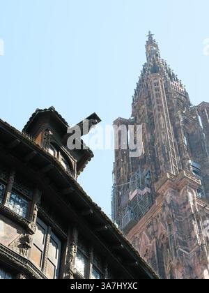 Finestra Dormer con gru sulla casa Kammerzell a Strasburgo, una delle più belle case in legno del tardo gotico tedesco Foto Stock