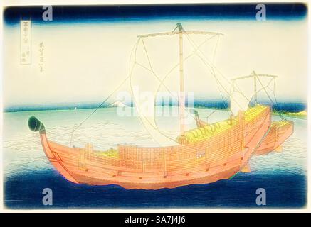 Due navi di legno navigano dolcemente su acque calme, con un carico verde lussureggiante visibile. Sullo sfondo, una montagna lontana si erge attraverso un cielo sereno, aggiungendo un senso di tranquillità alla scena marittima., arte classica con un tocco moderno reinventata da Artotop, Sea Lane al largo della provincia di Kazusa (Kazusa no kairo), dalla serie Thirty-Six Views of Mount Fuji (Fugaku sanjurokkei), c. 1830/33, Katsushika Hokusai 葛飾 北斎, giapponese, 1760-1849, Giappone, stampa a blocchi di legno a colori, oban Foto Stock