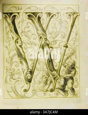 Una lettera 'W' dal design complesso circondata da elaborati scrollwork ed elementi decorativi, caratterizzata da una scena stravagante con una figura che brandisce un'asta e un'altra figura impegnata nelle attività sottostanti. La composizione mette in mostra un mix di arte e artigianato nel design delle lettere., arte classica con un tocco moderno reinventata da Artotop, Alphabet, 1627, Lucas Kilian, tedesco, 1579-1637, Germania, Libro con 24 incisioni, rilegato in Crimson levant con carte marmorizzate, custodia esterna Foto Stock