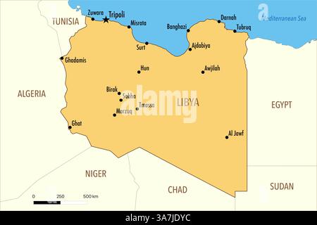 Mappa della Libia con le principali città e i paesi vicini Foto Stock