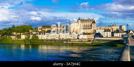 Francia, castelli della valle della Loira. Grande residenza reale di Amboise. Vista della città medievale dall'altra parte del fiume Loira. Popolare attrazione turistica e destinazione Foto Stock