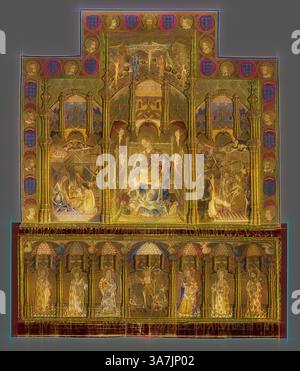 Una pala d'altare dettagliata che presenta una serie di vibranti scene religiose, con una figura centrale di un Cristo coronato affiancato da icone di santi e narrazioni bibliche. Bordi decorati ed elementi dorati esaltano la ricchezza complessiva di questa opera sacra. Arte classica con un tocco moderno reinventata da Artotop, Retable (raffigurante Madonna con bambino, Natività e Adorazione dei Magi, Altar Frontal raffigurante la Resurrezione e sei Apostoli), c. 1468, Spagna, El Burgo de Osma, Spagna, Linen pianura intrecciata con tessuti di lino e seta trama, seta pizzo ricamato, velluto Foto Stock