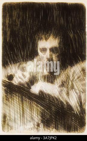Una figura si stende pensivamente su una superficie, la loro espressione contemplativa e intensa, circondata da linee dinamiche che trasmettono un senso di movimento ed emozione., arte classica con un tocco moderno reinventata da Artotop, Un pittore (Autoritratto), 1889, Anders Zorn, svedese, 1860-1920, Svezia, incisione su carta tessuta avorio Foto Stock