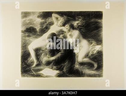 Una figura cupa si inginocchia nella contemplazione, assorbita in un libro aperto, mentre due eteree, intrecciate, si aggirano nelle vicinanze, evocando un senso di mistero ed emozione. L'interazione dinamica di luci e ombre esalta l'atmosfera drammatica, creando un contrasto toccante tra la realtà radicata e il fascino dell'ultraterreno., arte classica con un tocco moderno reinventata da Artotop, la tentazione di Sant'Antonio, dal terzo album de l'Estampe originale, 1893, Henri Fantin-Latour (francese, 1836-1904), stampato da Lemercier et cie. (Francese, fondato il 1825/28), pubblicato da l'Estampe originale (FR Foto Stock