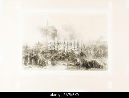 Una scena caotica sul campo di battaglia, raffigurante soldati caduti tra fumo e detriti, con strutture parzialmente visibili sullo sfondo, che catturano l'intensità e le cupe conseguenze del conflitto., arte classica con un tocco moderno reinventata da Artotop, Provins 1814, 1833, Denis Auguste Marie Raffet (francese, 1804-1860), stampata da Chez Gihaut Frères (francese, XIX secolo), Francia, litografia in nero su carta d'avorio Foto Stock