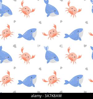 Simpatico motivo senza cuciture di balene e granchi con creature marine cartoni animati in blu e arancione. Illustrazione Vettoriale