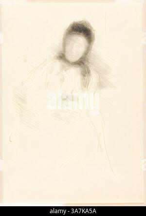 Una figura si inclina dolcemente, con contorni deboli che suggeriscono una presenza serena. I contorni sono delicatamente sfocati, evocando un senso di mistero e introspezione. Caratteristiche distintive sono oscurate, aggiungendo alla qualità eterea della composizione., arte classica con un tocco moderno reinventata da Artotop, Unfinished Sketch of Lady Haden, 1895, James McNeill Whistler, American, 1834-1903, Stati Uniti, litografia, in inchiostro nero, con raschiatura, su pergamena giapponese intrecciata con panna Foto Stock