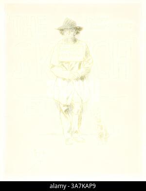 Un uomo che indossa un cappotto lungo e un cappello regge un cartello con la scritta "DOGPONY SAY HE'S BLIND", accompagnato da un cane piccolo. Lo sfondo presenta le parole "THE SKETCH" e "EVERY WEDNESDAY", che suggeriscono un contesto giocoso o umoristico., arte classica con un tocco moderno reinventata da Artotop, Blind Beggar and Dog, 1894, Philipp William May, inglese, 1864-1903, Inghilterra, penna e inchiostro nero con matita blu, su tracce di grafite, su carta tessuta Foto Stock