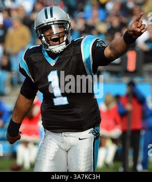 23 dicembre 2012 - Charlotte, NC, USA - il quarterback dei Carolina Panthers Cam Newton celebra il suo touchdown su corsa contro gli Oakland Raiders durante l'azione del secondo quarto al Bank of America Stadium domenica 23 dicembre 2012, a Charlotte, Carolina del Nord. (Immagine di credito: © Jeff Siner/MCT/ZUMAPRESS.com) Foto Stock