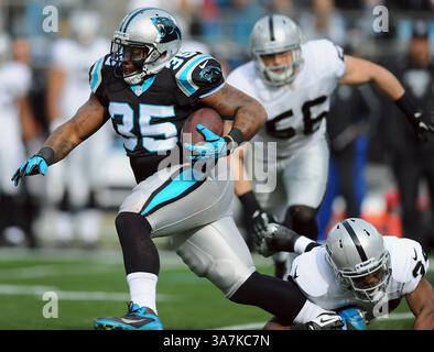 23 dicembre 2012 - Charlotte, North Carolina, USA - il back dei Carolina Panthers Mike Tolbert corre per il yardage contro gli Oakland Raiders durante l'azione del primo quarto al Bank of America Stadium domenica 23 dicembre 2012, a Charlotte, North Carolina. I Carolina Panthers sconfissero gli Oakland Raiders, 17-6. (Immagine di credito: © Jeff Siner/MCT/ZUMAPRESS.com) Foto Stock