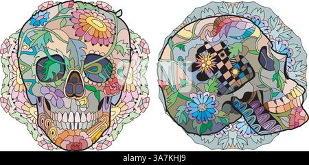 Due teschi vista laterale e vista frontale su mandala con decorazioni floreali. Colore e contorno impostati Illustrazione Vettoriale