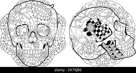 Zentangle ha stilizzato due teschi vista laterale e vista frontale su mandala per la colorazione. Illustrazione vettoriale decorativa disegnata a mano Illustrazione Vettoriale