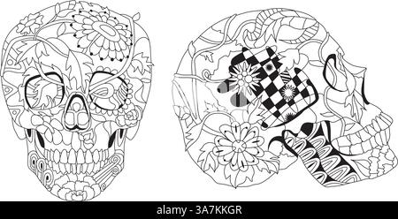 Due teschi vista laterale e vista frontale con decorazioni floreali per la colorazione. Colore e contorno impostati Illustrazione Vettoriale