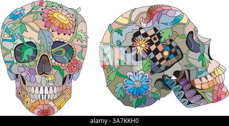 Due teschi vista laterale e vista frontale con illustrazione con ornamento floreale. Colore e contorno impostati Illustrazione Vettoriale
