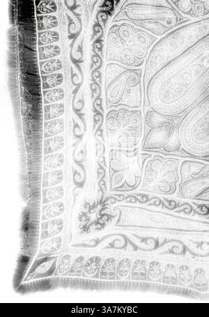 Un tessuto splendidamente intricato caratterizzato da motivi elaborati e design delicati, che mette in mostra l'arte e l'artigianato tradizionali. I motivi eleganti si intrecciano con elementi floreali, creando una texture visiva accattivante. Arte classica con un tocco moderno reinventata da Artotop, Shawl, anni '1860, India orientale, India, lana cashmere, composta da molti pezzi di twill semplice ricamato Foto Stock