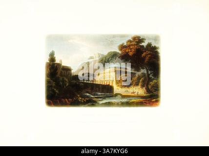 Un tranquillo paesaggio caratterizzato da un edificio classico accoccolato tra alberi lussureggianti e colline rocciose, con un dolce ruscello che scorre nelle vicinanze. Il cielo sovrastante suggerisce un'atmosfera tranquilla, che si aggiunge alla bellezza senza tempo della scena. Arte classica con un tocco moderno reinventata da Artotop, Chiesa di Sant'Andrea, piatto diciotto dalle rovine di Roma, pubblicato l'11 ottobre 1796, M. Dubourg, Active 1786-1838), pubblicato da J. Merigot (Italiano, sconosciuto), Inghilterra, acquatinta colorata a mano su carta Foto Stock