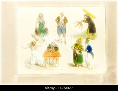 Una scena stravagante con un gruppo di personaggi eccentrici impegnati in varie attività umoristiche, tra cui un uomo con un polpo, una donna che danzava appassionatamente, e altri che mostravano espressioni e pose esagerate, il tutto ambientato su uno sfondo giocoso., arte classica con un tocco moderno reimmaginata da Artotop, Plate From Illustrations to Popular Songs, 1822, Henry Alken (inglese, 1785-1851), pubblicato da Thomas McLean (inglese, 1790-1860) Foto Stock