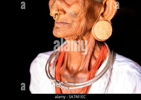 Donna di una tribù dei Lanjia Saura di Orissa, India, con tatuaggi sul viso e anelli per il naso, con gioielli tradizionali e tappi rotondi in legno nei lobi delle orecchie Foto Stock