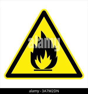 Cartello segnaletico che indica la presenza di materiali infiammabili, con fiamme nere su sfondo triangolare giallo Illustrazione Vettoriale