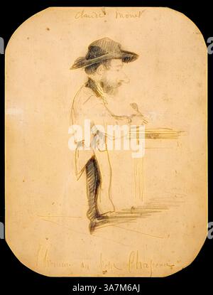 Uno schizzo di un uomo barbuto che indossa un cappello, ritratto di profilo, impegnato nella pittura mentre tiene in mano un pennello. Lo sfondo ha una texture morbida e sbiadita che esalta il comportamento focalizzato del soggetto., arte classica con un tocco moderno reinventata da Artotop, caricatura di un uomo nel piccolo cappello, 1855/56, Claude Monet, francese, 1840-1926, Francia, scheda grafite on commercial ready cream wove (scolorita per abbronzatura) Foto Stock