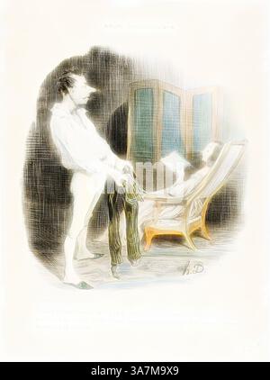 Un uomo sta in piedi tenendo un paio di pantaloni, guardando con attenzione verso una figura seduta che è coinvolta nella lettura. La camera è arredata con un'elegante sedia e un paravento pieghevole, creando un'atmosfera intima. Il contrasto tra i due personaggi suggerisce una narrazione di anticipazione e contemplazione., arte classica con un tocco moderno reinventata da Artotop, non me ne frega niente della tua Miss Sand, che impedisce alle donne di maltrattare pantaloni e calzini! … Dobbiamo ristabilire il divorzio o sopprimere quegli autori!, targa 6 di Moeurs Conjugales, 1839, Honoré Victorin Daumier, francese, 1808-18 Foto Stock