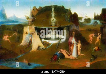 Un paesaggio surreale caratterizzato da elementi fantastici come acqua fluente, forme astratte e figure in pose dinamiche che evocano un senso di intrigo e mistero ultraterreno. La scena intreccia natura e umanità in un tableau onirico, ricco di dettagli e simbolismo. Arte classica con un tocco moderno reinventata da Artotop, il Giardino del Paradiso, 1500/20, laboratorio di Hieronymus Bosch, Paesi Bassi, 1450-1516, Paesi Bassi, olio su tavola Foto Stock