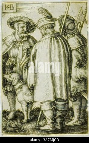 Un gruppo di tre figure in un elaborato abito storico si impegna in conversazione, con una figura che gestiva animatamente mentre un cane sta ai loro piedi. La scena cattura un momento di interazione tra un'aria di autorità e cameratismo., arte classica con un tocco moderno reinventata da Artotop, Three Soldiers and a Dog, n.d., Sebald Beham, German, 1500-1550, Germania, incisione in nero su carta posato avorio Foto Stock