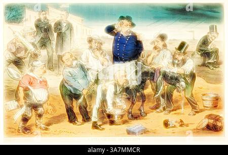 Una scena stravagante con un gruppo di personaggi stravaganti impegnati in uno sforzo umoristico e caotico per trattare una capra. Gli individui, vestiti in vari abiti d'epoca, dimostrano una miscela di curiosità e urgenza, mentre la capra, posta al centro, aggiunge un tocco di assurdità alla vivace raccolta., arte classica con un tocco moderno reinventata da Artotop, Uno strano caso di Epizooty, di Puck, n.d., Joseph Keppler, americano, 1838-1894, Stati Uniti, litografia a colori su carta da giornale Foto Stock