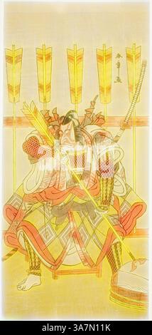 Un potente samurai si erge in posizione eretta, adornato da armature intricate e abiti vivaci, mentre tiene un arco con determinazione. Lo sfondo è caratterizzato da frecce stilizzate che migliorano il senso di prontezza e forza della scena. La posizione della figura trasuda fiducia e spirito guerriero, rappresentando un momento di concentrazione prima dell'azione., arte classica con un tocco moderno reinventata da Artotop, l'attore Ichikawa Danjuro V nel ruolo di Yanone Goro nella Play Kuruwa-gayoi Komachi Soga, eseguita al Nakamura Theater nel quinto mese, 1781, c. 1781, Katsukawa Shunsho 勝川 春章, giapponese, 1726-1792, Giappone, Color woodblock pr Foto Stock