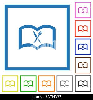 Set di icone del menu Flat Design. Un libro aperto con coltello e forchetta incrociati, che simboleggia un menu di un ristorante o un libro di cucina. Disponibili in vari colori. Illustrazione Vettoriale