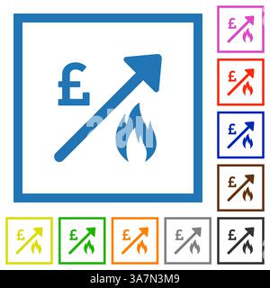 Aumento dell'energia del gas prezzi della sterlina inglese icone a colori piatte in cornici quadrate su sfondo bianco Illustrazione Vettoriale