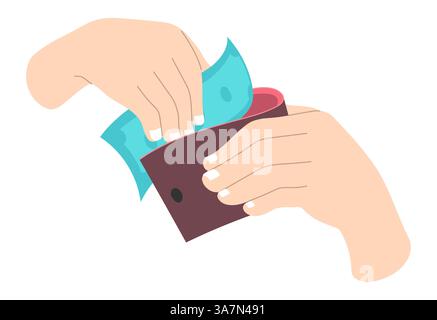 prelievo a mano di denaro dal portafoglio marrone illustrazione vettoriale disegnata a mano Illustrazione Vettoriale