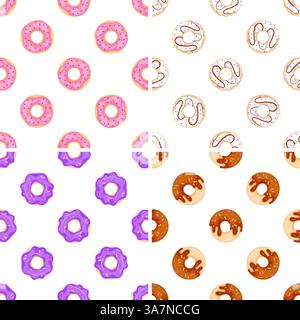 Ciambelle colorate motivo senza cuciture che mostrano glassa e spruzzi di rosa, viola, bianco e cioccolato Illustrazione Vettoriale