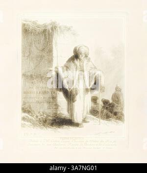 Una donna sta in piedi con grazia, drappeggiata con un indumento che scorre, tenendo un bastone mentre guarda attentamente in lontananza. Dietro di lei, un muro testurizzato è decorato con disegni intricati, mentre un gruppo di individui si siede tranquillamente nelle vicinanze, la loro attenzione si concentra sulla sua presenza. La scena trasmette un senso di contemplazione e di connessione con la storia. Arte classica con un tocco moderno reinventata da Artotop, donna del popolo, piatto uno di Divers Habillements des Peuples du Nord, 1765, Jean Baptiste le Prince, francese, 1734-1781, Francia, incisione su carta posata in avorio Foto Stock