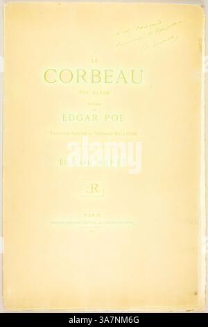 Il frontespizio di un'opera letteraria presenta "le Corbeau", una traduzione francese di "The Raven" di Edgar PoE, tradotta da Stéphane Mallarmé. Include illustrazioni di Édouard Manet e indica i dettagli della pubblicazione di Parigi., arte classica con un tocco moderno reimmaginata da Artotop, Title Page and Text, From the Raven (le Corbeau), 1875, Édouard Manet (francese, 1832-1883), scritto da Edgar Allan PoE (americano, 1809-1849), tradotto e prodotto da Stéphane Mallarmé (francese, 1842-1898), stampato da Lefman et Cie francese, editato da Léshe, XIX secolo Foto Stock