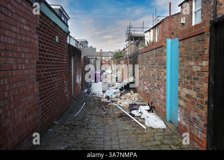 Le macerie dei costruttori e i rifiuti domestici sono stati gettati in un vicolo acciottolato in un'area di Wavertree Liverpool invasa da proprietà studentesche HMO Foto Stock