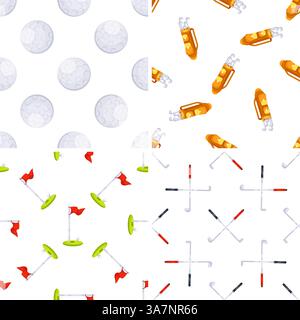 Mazze da golf, borse, palline e bandiere putting green con motivi senza cuciture Illustrazione Vettoriale