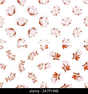 Piante di cotone senza cuciture che mostrano fiori e steli con foglie Illustrazione Vettoriale