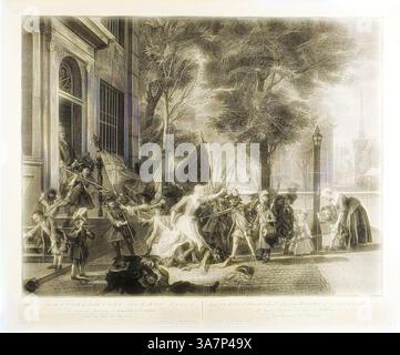 Una scena caotica si svolge di fronte a un grande edificio, raffigurante una lotta tra varie figure, tra cui soldati e civili. L'atmosfera è tesa, con espressioni di urgenza e angoscia mentre i partecipanti si impegnano in un conflitto. Gli alberi incorniciano lo sfondo, mentre un lontano skyline suggerisce una vivace città oltre. Arte classica con un tocco moderno reinventata da Artotop, i ragazzi di Amsterdam, n.d., Jacobus Houbraken (olandese, 1698-1780), dopo Cornelis Troost (olandese, 1679-1740), Olanda, incisione su carta posata in avorio Foto Stock