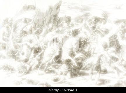 Si sviluppa una caotica scena di battaglia, con guerrieri a cavallo impegnati in combattimento. Le figure sono incastrate in una feroce lotta, con bandiere e armi sollevate in mezzo a uno sfondo di tumultuosi dintorni, che evocano un senso di tensione e movimento., arte classica con un tocco moderno reinventata da Artotop, la battaglia intorno allo scudo e alla lancia, c. 1527, Giovanni Jacopo Caraglio (italiano, 1500/05–1565), dopo Raffaello Sanzio, detto Raffaello (italiano, 1483-1520), Italia, incisione in nero su carta posato avorio Foto Stock