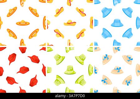 Motivi senza cuciture con cappelli estivi che mostrano modelli e colori diversi Illustrazione Vettoriale